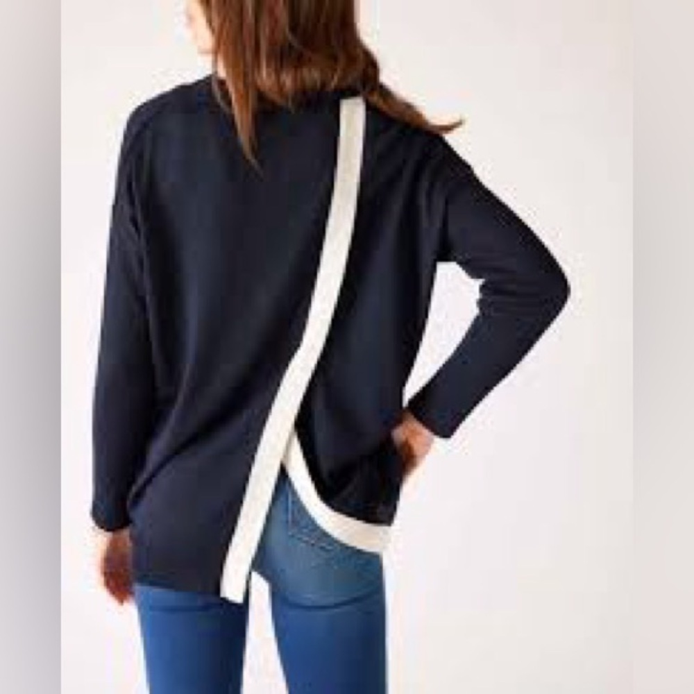 Women's Navy Crew Neck Sweater with Cream Trim